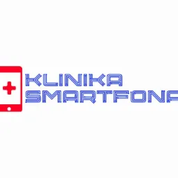 Grafika: czerwony telefon z plusem i niebieski napis 'Klinika Smartfona' w stylu obwodu drukowanego na białym tle. Logo serwisu telefonów.