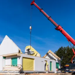 Montaż dachu na surowym budynku z prefabrykatów z użyciem czerwonego żurawia, widoczne elementy konstrukcyjne i izolacyjne.