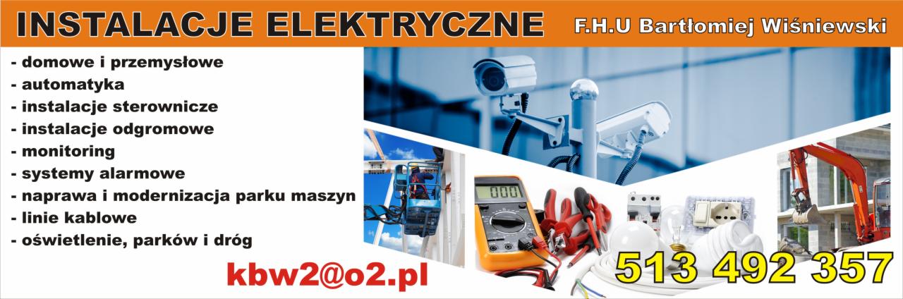 Kompozycja graficzna prezentująca usługi elektryczne: kamera monitoringu, miernik uniwersalny, żarówka, gniazdko, wyłącznik oraz pracownik na podnośniku koszowym, a w tle koparka.