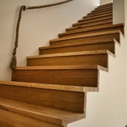 Drewniane stopnie schodów z nietypową poręczą w postaci liny przymocowanej do ściany, widok z dołu.