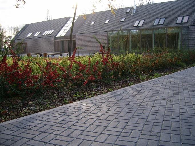 Budynek z drewnianą elewacją i licznymi oknami dachowymi, otoczony zielenią i czerwoną roślinnością, z brukowanym chodnikiem prowadzącym do wejścia.