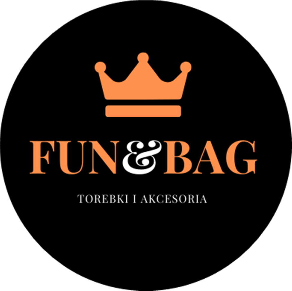 Okrągłe logo firmy Fun&Bag z pomarańczową koroną i napisem 'Torebki i akcesoria' na czarnym tle.