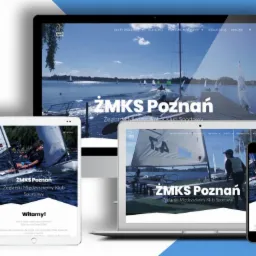 Responsywny design strony internetowej Żeglarskiego Międzyszkolnego Klubu Sportowego 'ŻMKS Poznań' wyświetlany na laptopie, tablecie i smartfonie, z widocznym logo firmy projektującej strony.