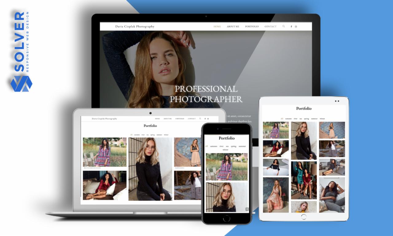 Responsywna strona internetowa fotografa na laptopie, tablecie i smartfonie, prezentująca portfolio z różnymi sesjami zdjęciowymi.
