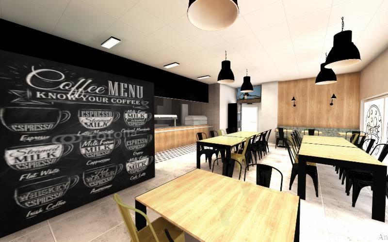 Wizualizacja wnętrza kawiarni z drewnianymi stołami i krzesłami w kolorach czerni i limonki, tablica kredowa z menu kawowym, nowoczesne lampy wiszące.