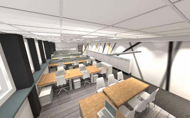 Wizualizacja przestronnego biura z rzędami biurek z jasnego drewna, białymi krzesłami obrotowymi i laptopami, podłużne lampy sufitowe, szara wykładzina dywanowa, czarne obramowania okien.