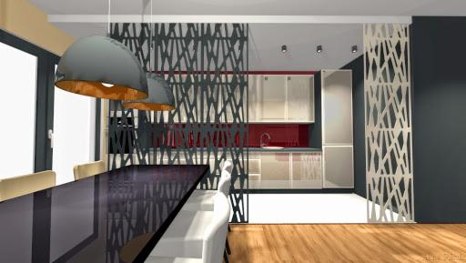 Wizualizacja nowoczesnej kuchni z jadalnią oddzieloną ażurowymi ściankami działowymi, widoczne lampy wiszące nad szklanym stołem i białe krzesła.