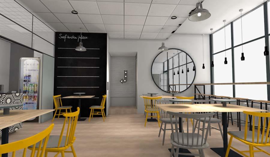 Wizualizacja wnętrza kawiarni z żółtymi i szarymi krzesłami, czarną tablicą kredową z napisem, okrągłym lustrem i nowoczesnym oświetleniem.
