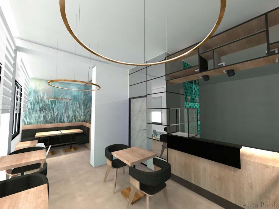 Wizualizacja wnętrza kawiarni w Bydgoszczy z drewnianymi stolikami, czarnymi krzesłami i barwną tapetą roślinną, oświetlona okrągłymi lampami sufitowymi.