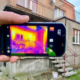 Termowizyjne badanie budynku mieszkalnego, widoczne na ekranie smartfona CAT, prezentuje rozkład temperatur na elewacji i balkonie, z zaznaczonymi mostkami termicznymi.