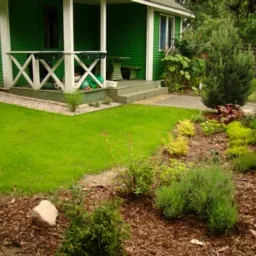 Zadbany ogród przydomowy z równo przystrzyżonym trawnikiem, rabatami z krzewami ozdobnymi i korą, na tle zielonego domu z białym gankiem.