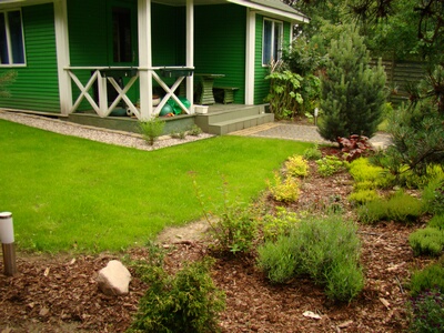 Zadbany ogród przydomowy z równo przystrzyżonym trawnikiem, rabatami z krzewami ozdobnymi i korą, na tle zielonego domu z białym gankiem.