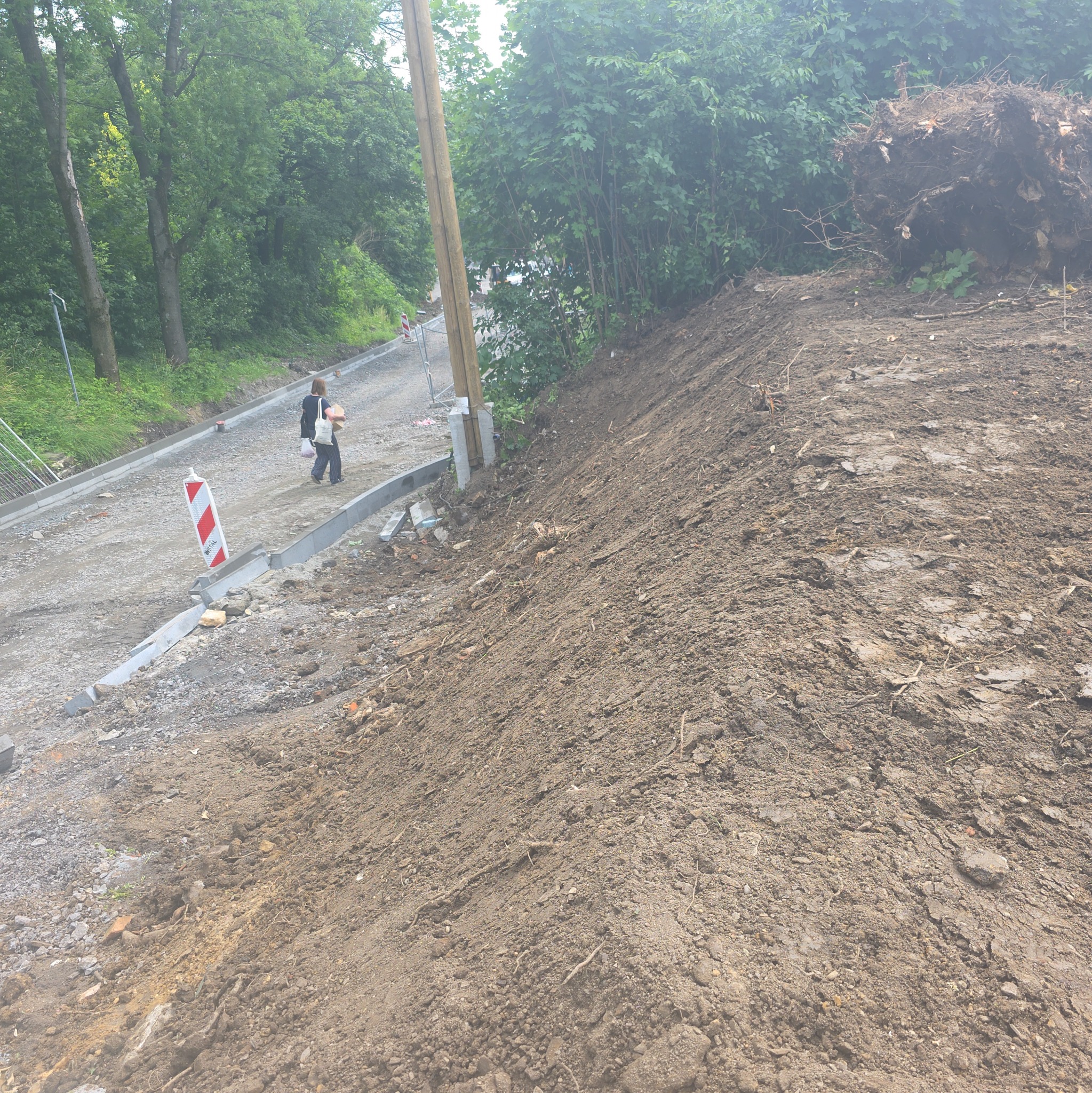 Etap przygotowania terenu pod budowę drogi: widoczny fragment nowej drogi z krawężnikami, hałda ziemi i osoby w oddali. W tle zieleń drzew.