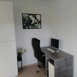 Biuro domowe z szarym biurkiem, komputerem, czarnym krzesłem obrotowym i obrazem z motywem roślinnym na białej ścianie, roślina w czarnej doniczce obok białej szafki.