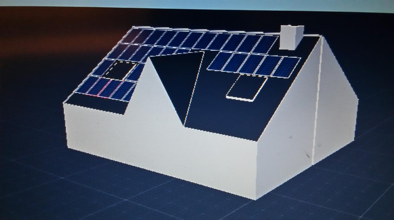 Wizualizacja 3D domu z panelami słonecznymi na dachu, część paneli w kolorze niebieskim, część w kolorze różowym, na tle ciemnej siatki.