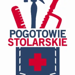 Logo firmy 'Pogotowie Stolarskie' z ikonami narzędzi stolarskich: młotka, piły i linijki, oraz symbolem plusa w dolnej części.