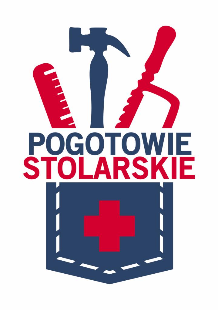 Logo firmy 'Pogotowie Stolarskie' z ikonami narzędzi stolarskich: młotka, piły i linijki, oraz symbolem plusa w dolnej części.