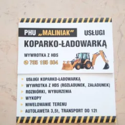 Wizytówka firmy PHU 'Maliniak' oferującej usługi koparko-ładowarką, wywrotką z HDS oraz transport autolawetą, z numerem telefonu i ilustracją koparko-ładowarki.
