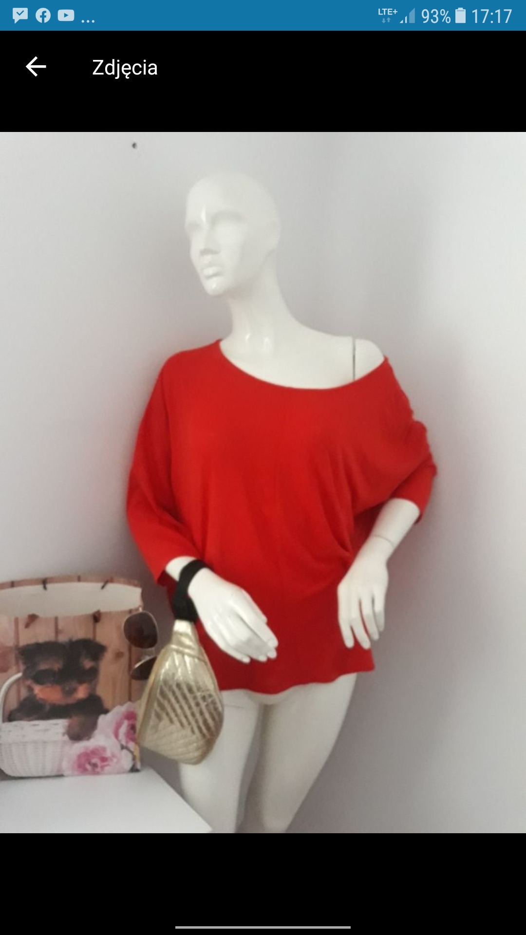 Manekin prezentuje asymetryczną, czerwoną bluzkę z opadającym ramieniem, obok torebka i koszyk z wizerunkiem psa.