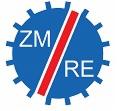 Niebieskie logo ZM/RE na tle koła zębatego, przecięte czerwoną linią. Grafika firmowa z branży obróbki metali, w formie wektorowej.