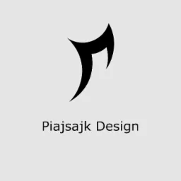 Logo firmy Piajsajk Design: abstrakcyjny, czarny symbol przypominający stylizowaną literę 'P' lub fragment topora na jasnoszarym tle.