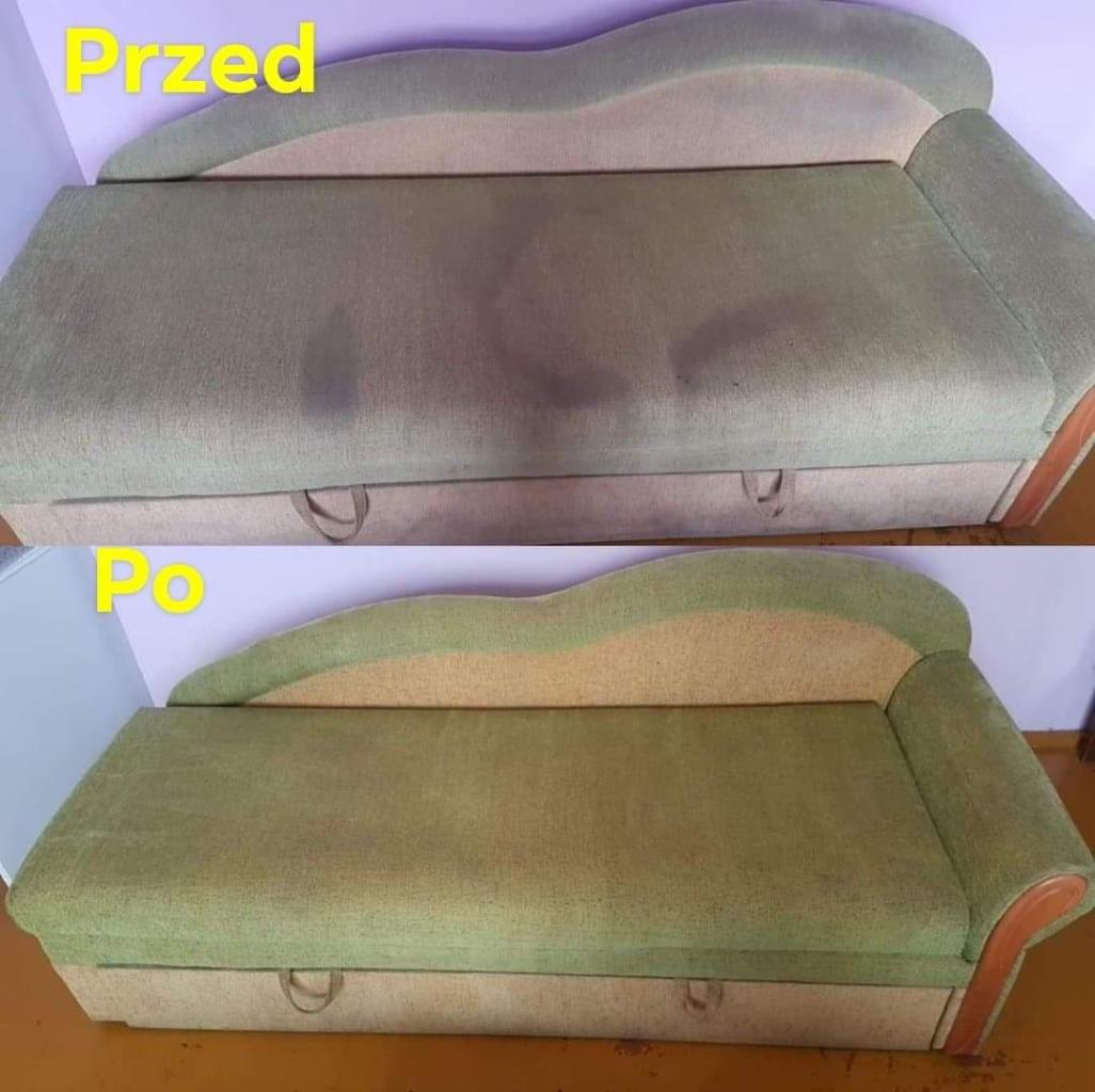Dwuczęściowe ujęcie sofy: górna część pokazuje zabrudzenia przed czyszczeniem, dolna prezentuje sofę po wyczyszczeniu, z widoczną poprawą koloru i usunięciem plam.