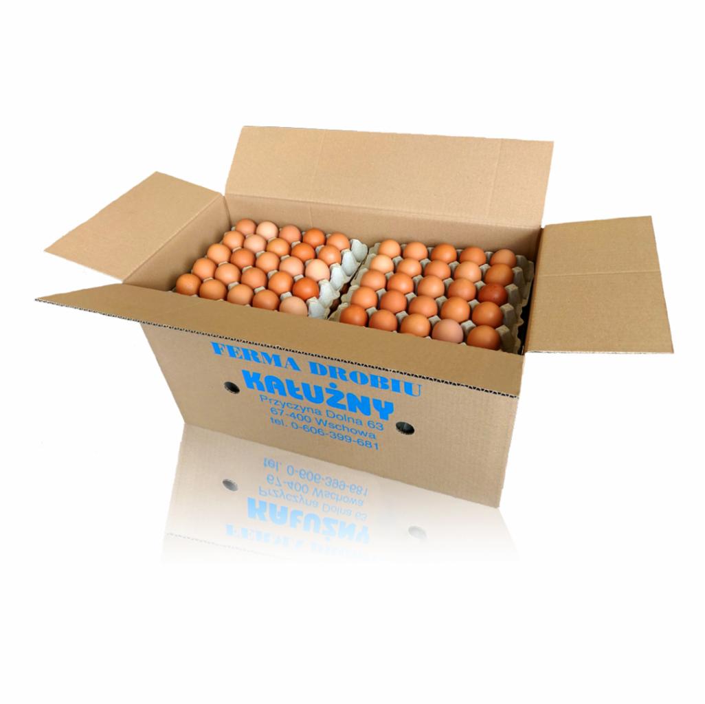 Otwarty karton z brązowymi jajami w wytłaczankach, widoczny napis 'FERMA DROBIU KAŁUŻNY' na boku kartonu.