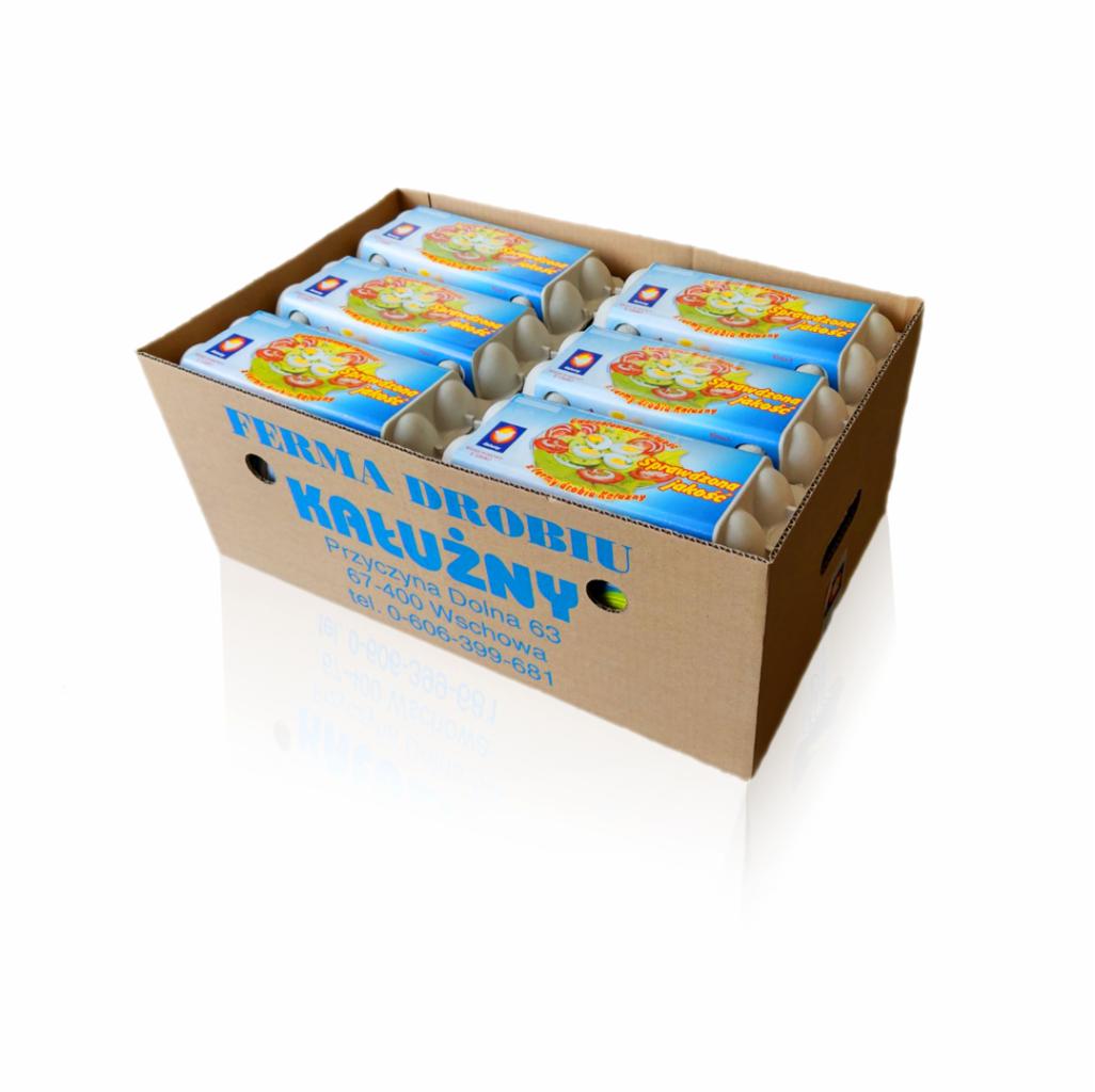 Kartonowe opakowanie z kilkoma wytłaczankami, na których widnieją opakowania ze świeżymi artykułami spożywczymi z drobiu, z nadrukiem 'Sprawdzona Jakość' i logiem producenta 'Ferma Drobiu Kałużny'