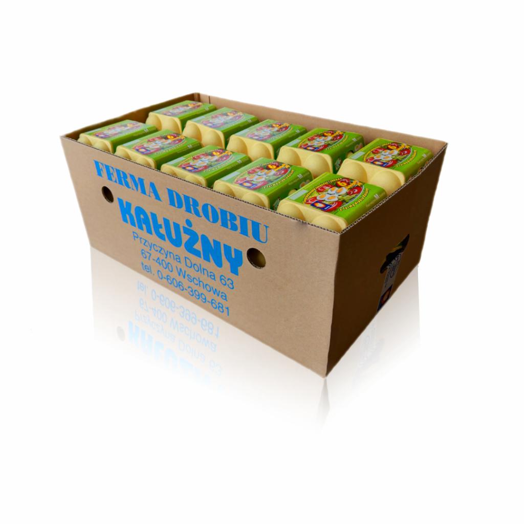 Kartonowe opakowanie z produktami drobiowymi w zielonych opakowaniach z kolorową grafiką, etykieta z nazwą firmy Ferma Drobiu Kałużny i danymi adresowymi.