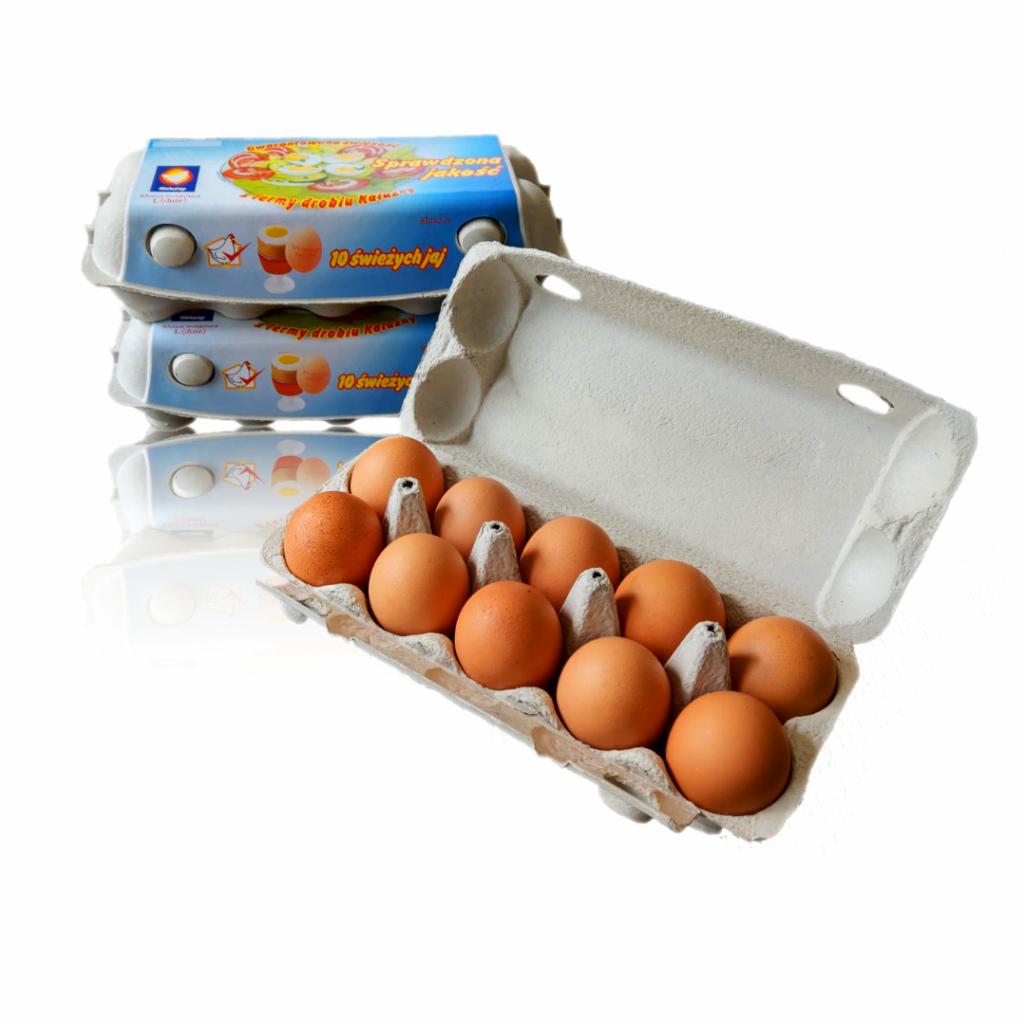 Otwarta wytłaczanka z dziesięcioma brązowymi produktami spożywczymi obok dwóch zamkniętych opakowań z etykietą '10 świeżych' na białym tle.