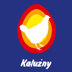 Grafika przedstawiająca białą sylwetkę kury na tle stylizowanego kształtu, przypominającego produkt spożywczy, z koncentrycznymi warstwami kolorów: czerwonym, pomarańczowym i żółtym, umieszczonego...