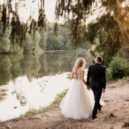 Para młoda, on w czarnym garniturze, ona w białej sukni z koronkowymi plecami, spaceruje brzegiem jeziora w lesie, trzymając się za ręce w promieniach zachodzącego słońca.