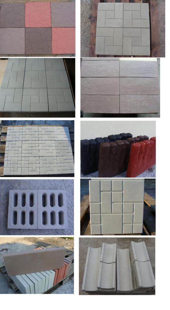 Kompilacja zdjęć różnych wzorów i kolorów elementów betonowych, w tym kwadratowych płyt chodnikowych, imitacji drewna, obrzeży i korytek odwadniających, ułożonych na paletach lub drewnianych...