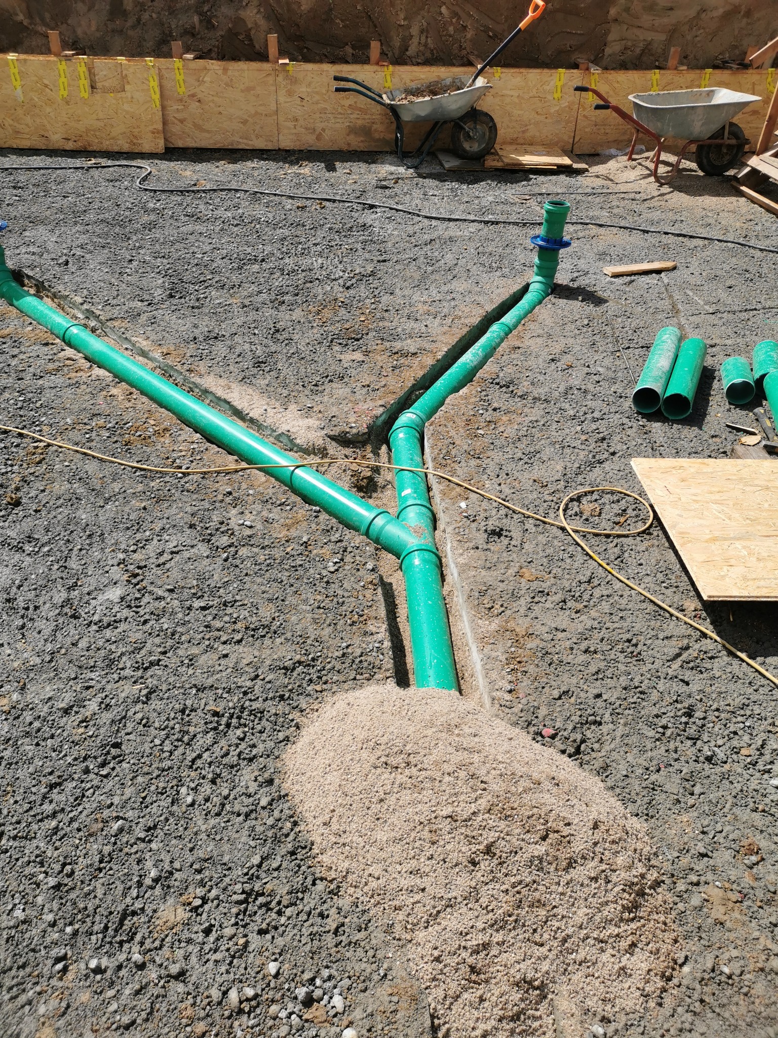 Widok z góry na rozgałęziony system zielonych rur kanalizacyjnych zakopanych w ziemi, z widocznym piaskiem i elementami szalunku w tle.