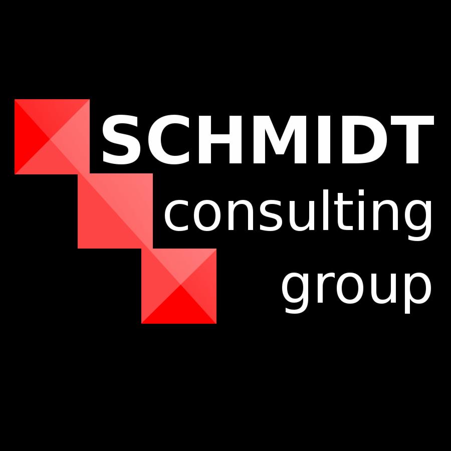 Logo firmy Schmidt Consulting Group z trzema czerwonymi kwadratami ułożonymi schodkowo po lewej stronie nazwy, na czarnym tle.