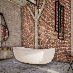 Mj Consulting - Nowoczesna łazienka z białą wanną wolnostojącą na tle ceglanej ściany, uzupełniona o okrągłe lustro z czarną ramą i dekoracyjną roślinę w rogu, oświetlona designerską lampą sufitową.