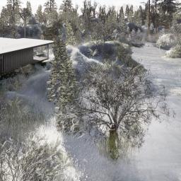 Mj Consulting - Nowoczesny dom z płaskim dachem i dużymi oknami, otoczony zimowym krajobrazem z zasypanymi śniegiem drzewami i roślinnością.