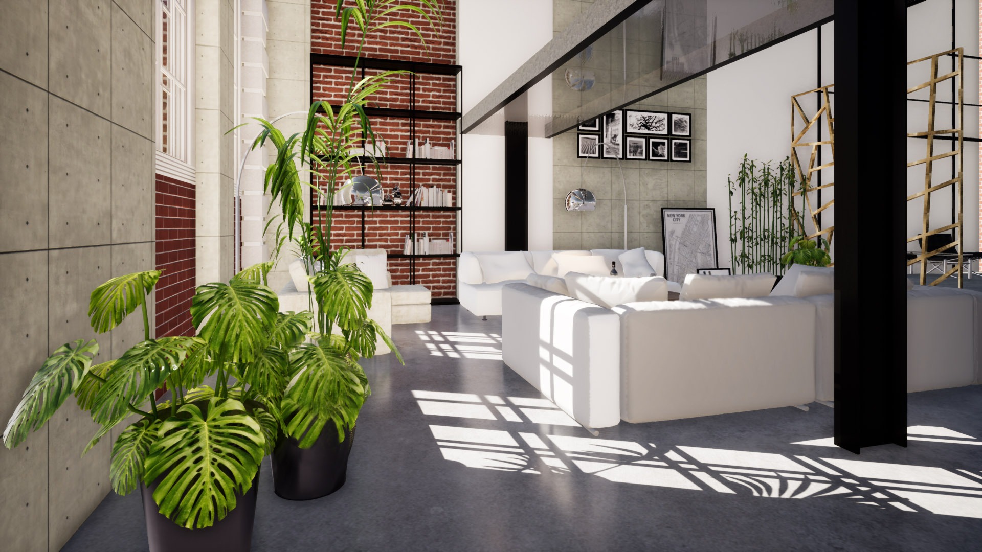 Jasne, przestronne wnętrze w stylu loft z białymi sofami modułowymi, ceglaną ścianą z półkami, roślinami doniczkowymi i betonową podłogą w promieniach słońca.