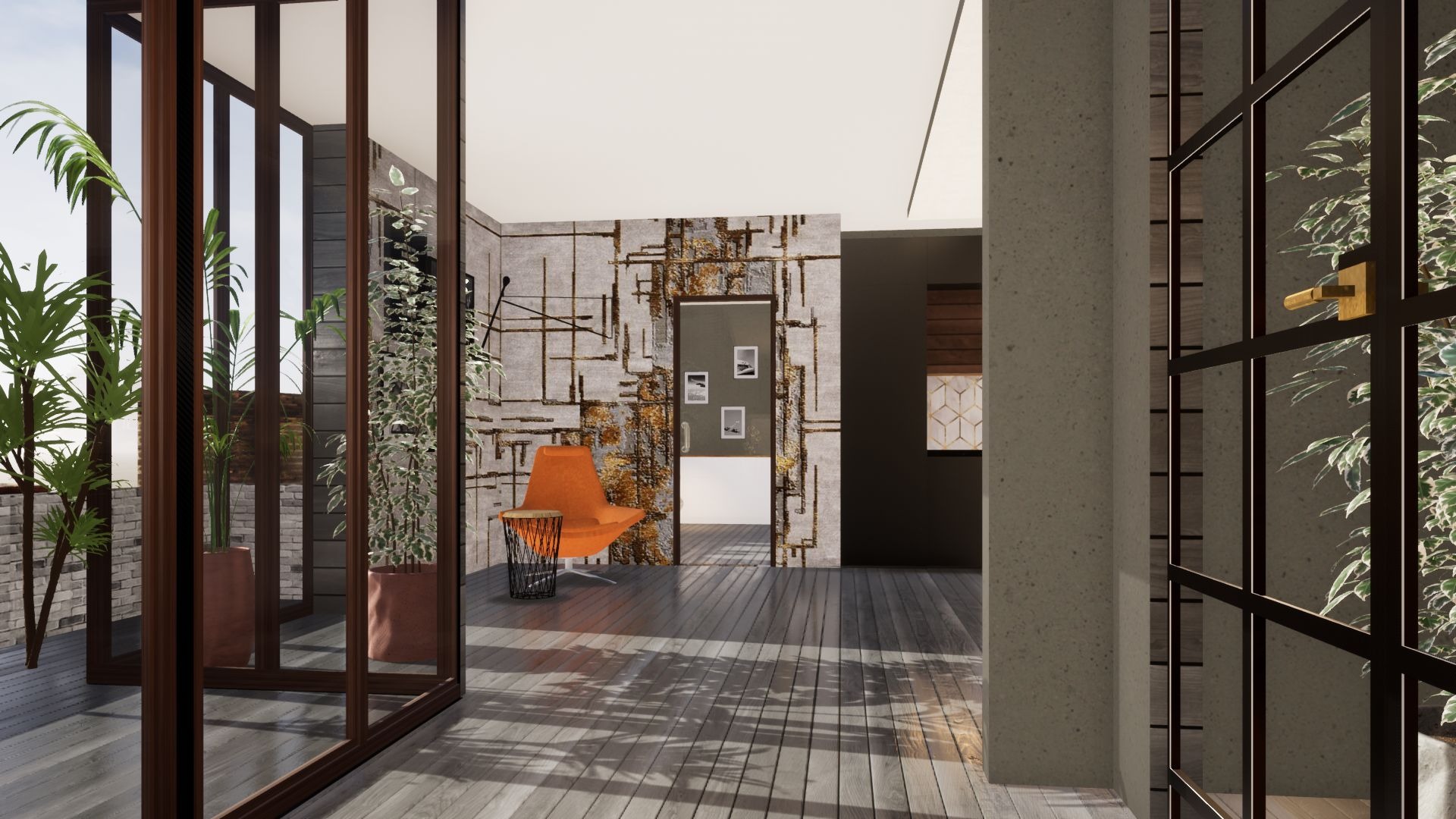 Wnętrze z oranżerią, widok na pokój z pomarańczowym fotelem i wzorzystą tapetą, drewniana podłoga i rośliny w donicach