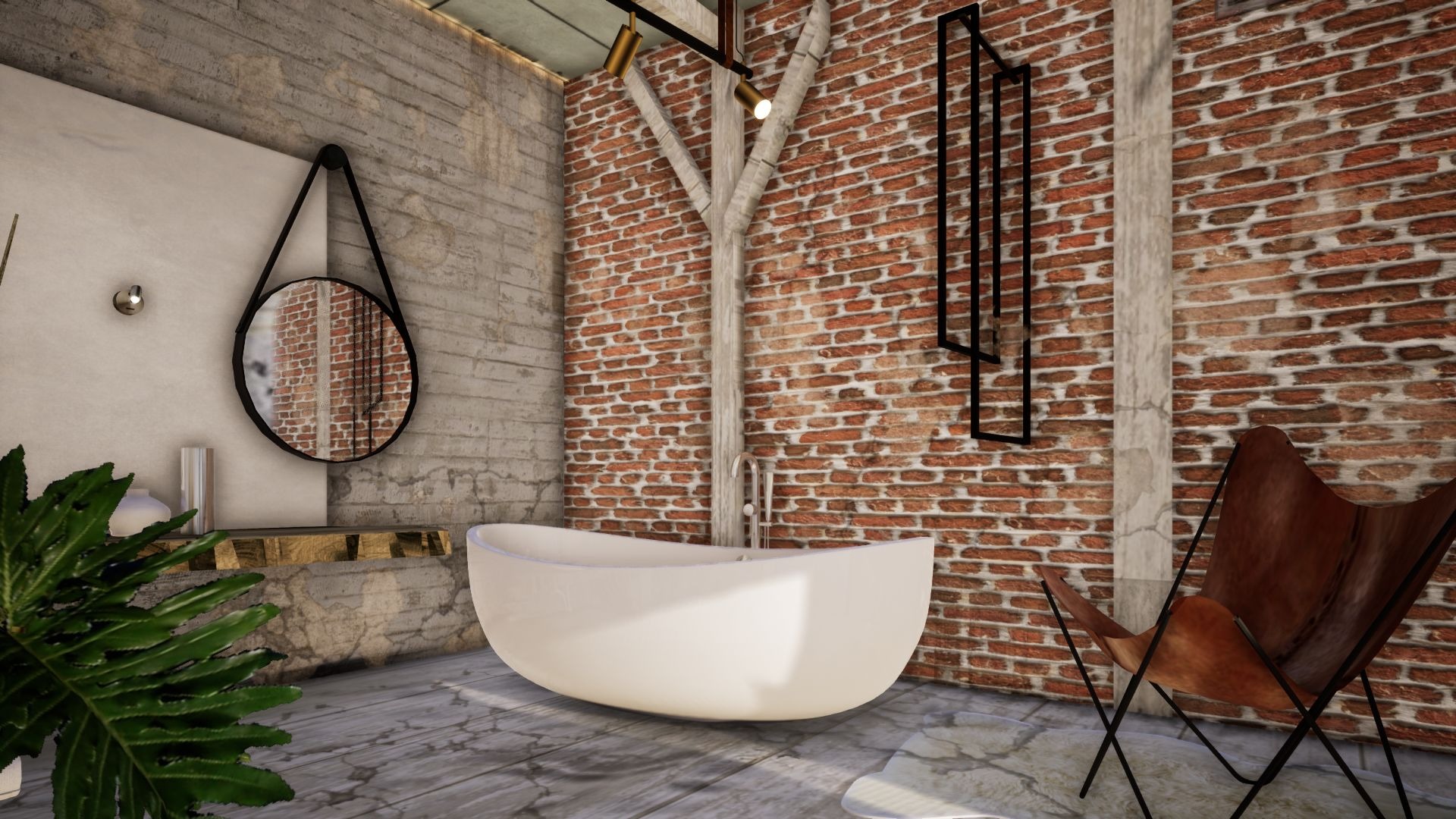 Nowoczesna łazienka z białą wanną wolnostojącą na tle ceglanej ściany, uzupełniona o okrągłe lustro z czarną ramą i dekoracyjną roślinę w rogu, oświetlona designerską lampą sufitową.