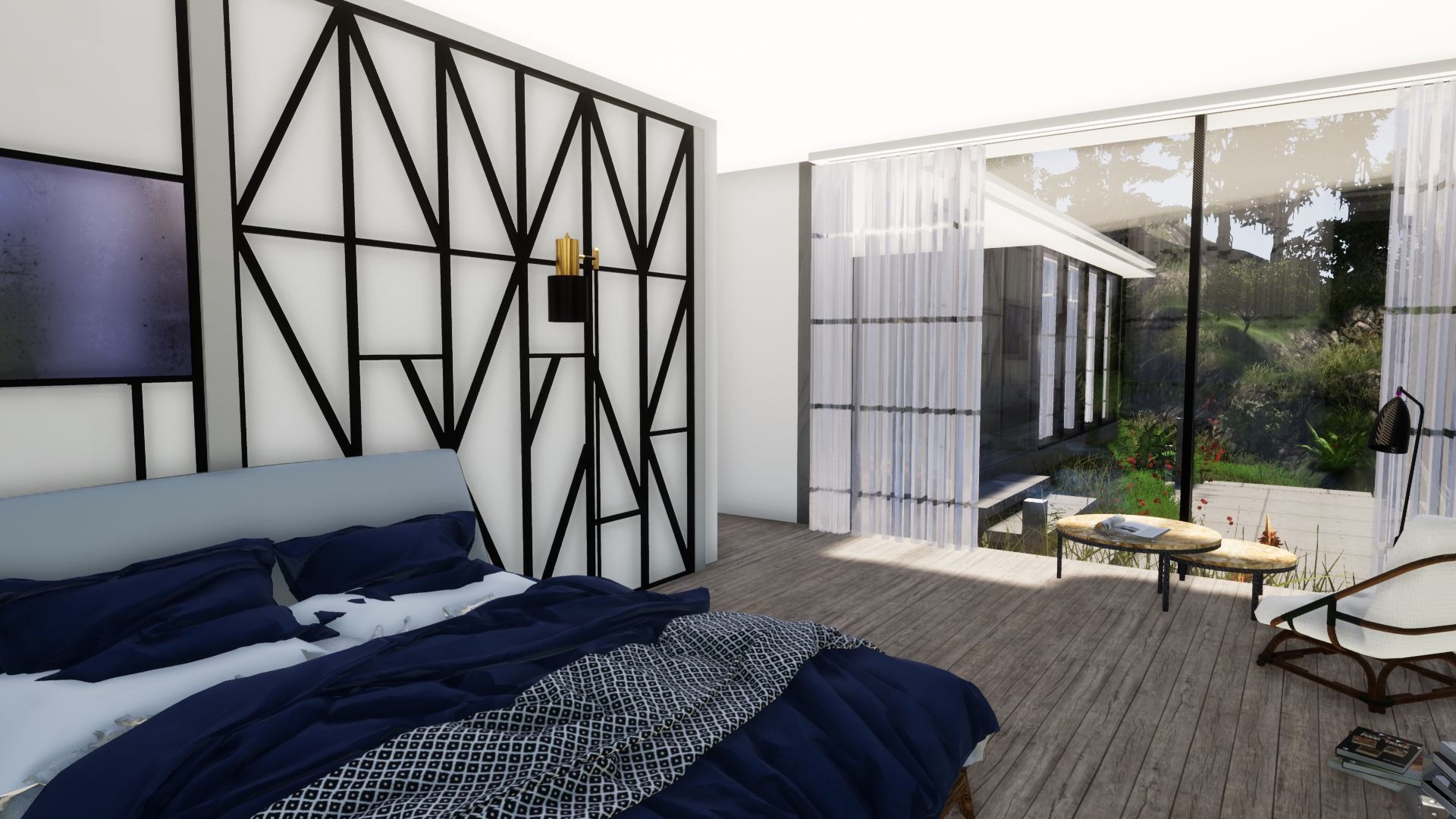 Wizualizacja sypialni we Wrocławiu z dużym oknem wychodzącym na ogród, łóżkiem z granatową pościelą i dekoracyjną ścianą z czarnych, geometrycznych elementów.