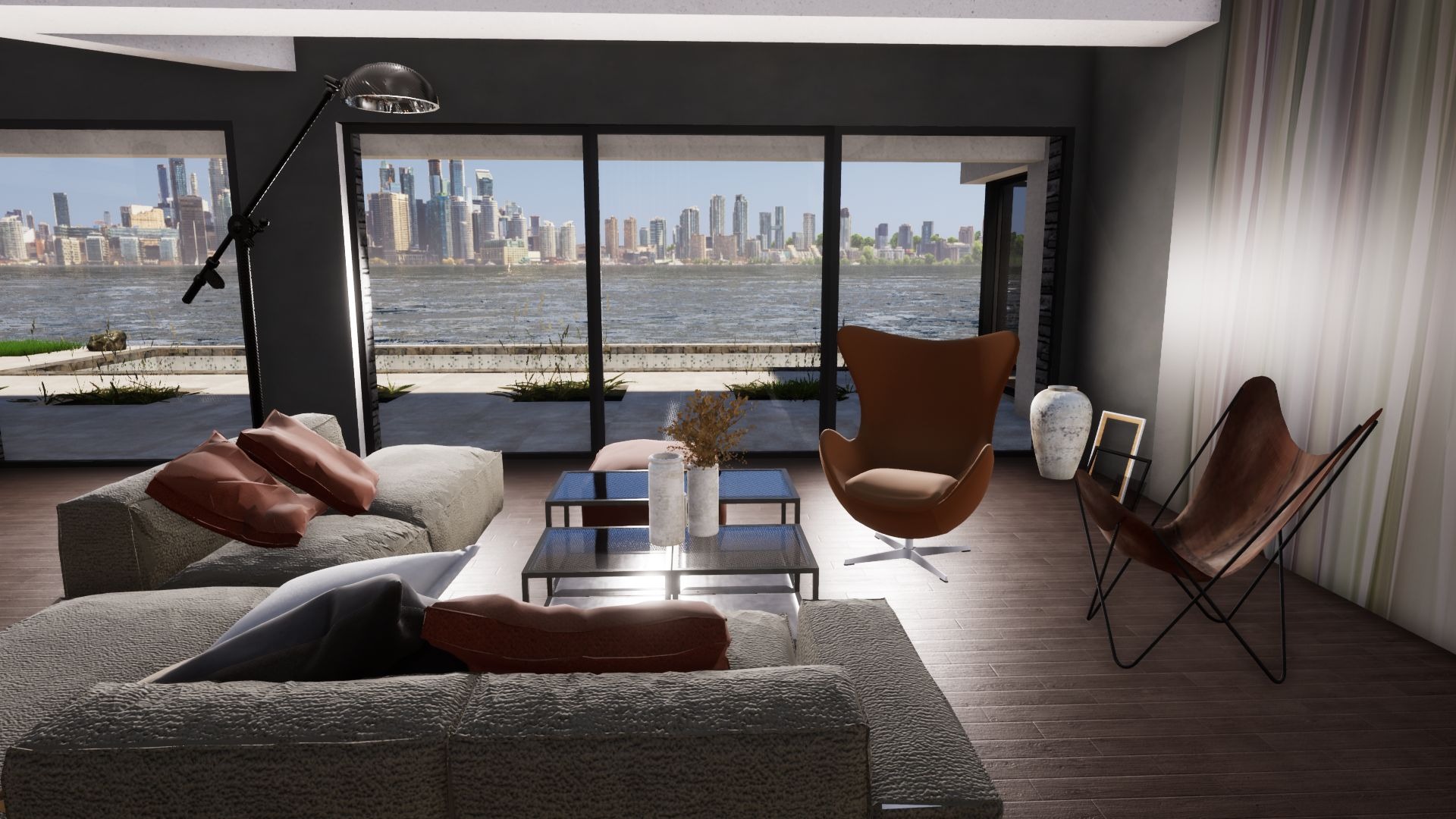 Nowoczesny salon z widokiem na panoramę miasta przez panoramiczne okna, szare sofy z dekoracyjnymi poduszkami, designerskie fotele, szklane stoliki kawowe z wazonami, drewniana podłoga...