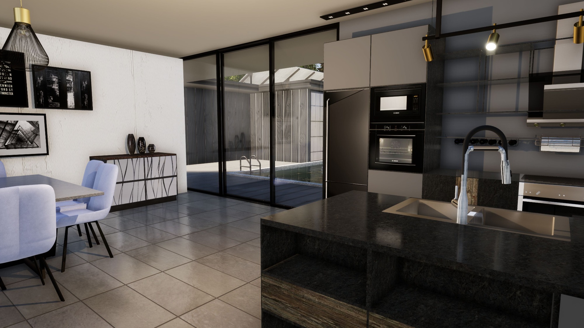Wnętrze nowoczesnej kuchni z wyspą i widokiem na basen przez przesuwne szklane drzwi, jasne krzesła w jadalni, czarno-białe obrazy na ścianie.