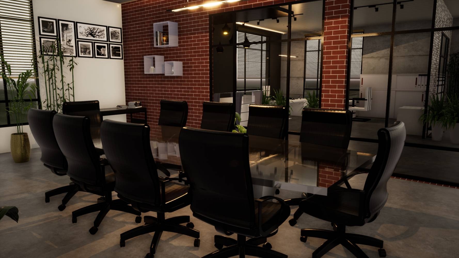 Nowoczesna sala konferencyjna z długim szklanym stołem otoczonym czarnymi krzesłami obrotowymi, ceglana ściana z białymi półkami i zielone rośliny w tle