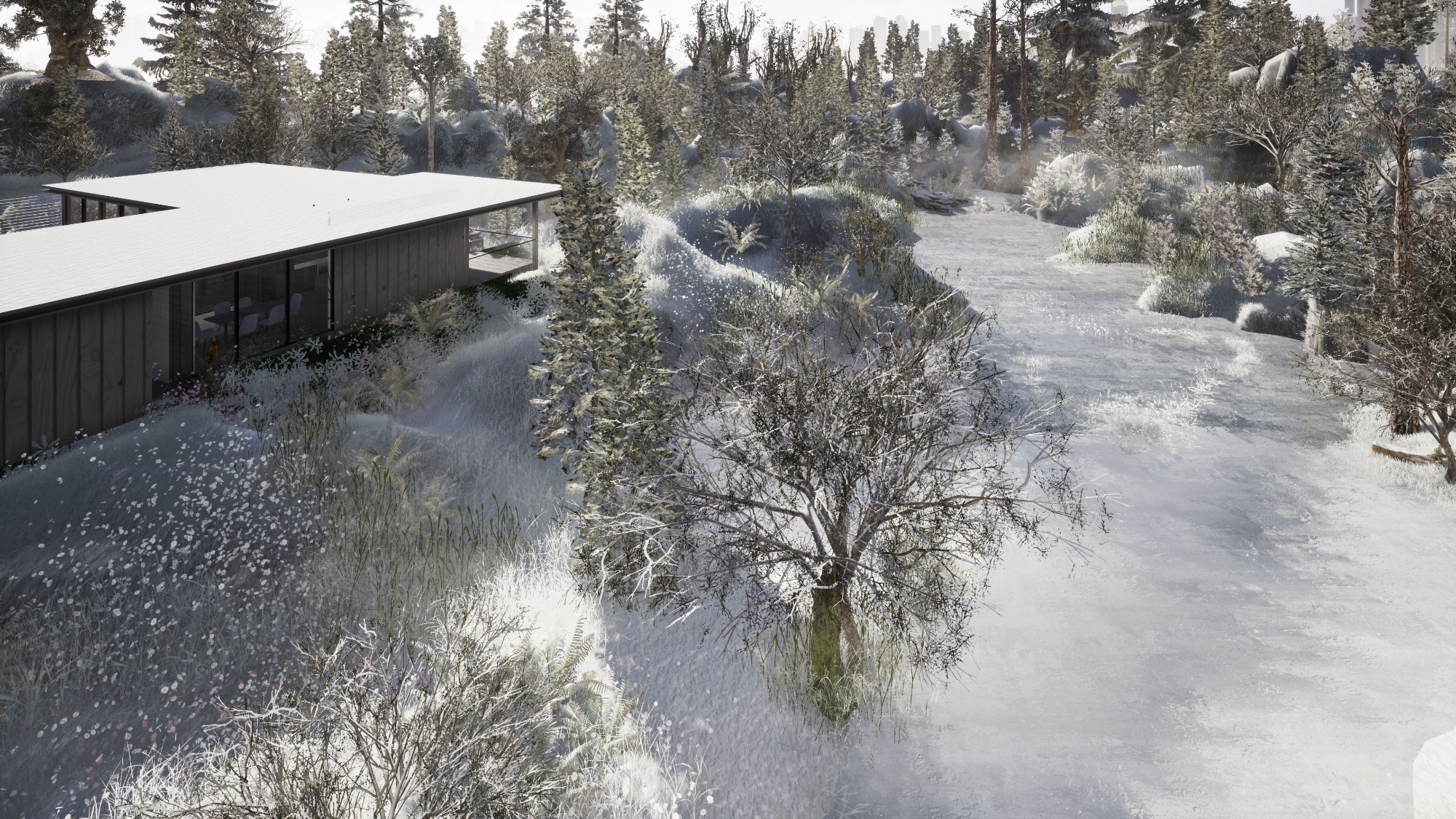 Nowoczesny dom z płaskim dachem i dużymi oknami, otoczony zimowym krajobrazem z zasypanymi śniegiem drzewami i roślinnością.