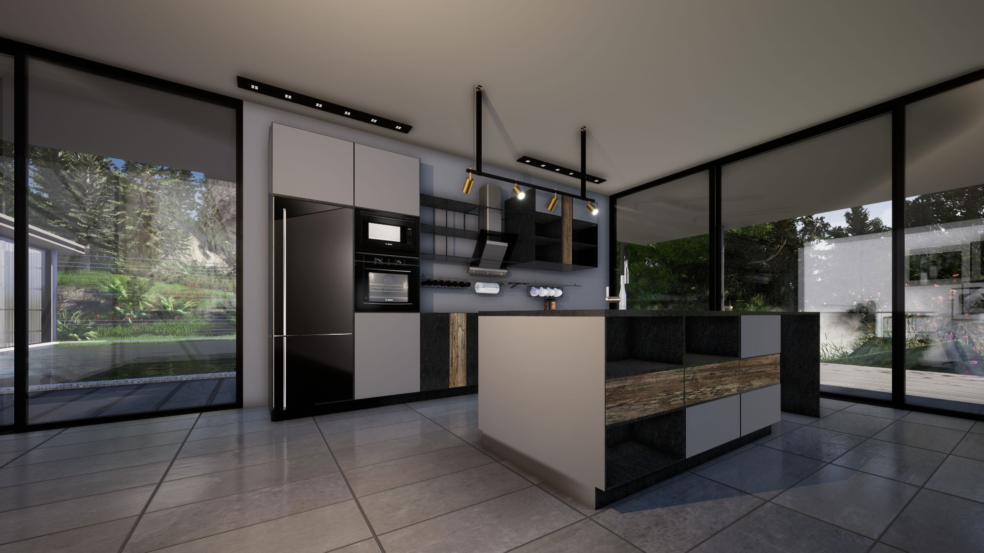 Wizualizacja nowoczesnej kuchni z wyspą, czarno-białymi szafkami i dużymi oknami z widokiem na ogród.