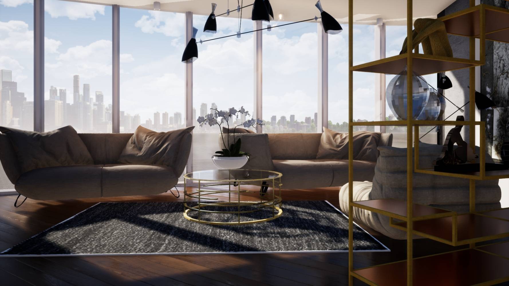 Wnętrze salonu z sofami w odcieniach brązu, stolikiem kawowym z przezroczystym blatem, dywanem w geometryczny wzór i wysokim regałem na dekoracje, z widokiem na miasto przez panoramiczne okna.