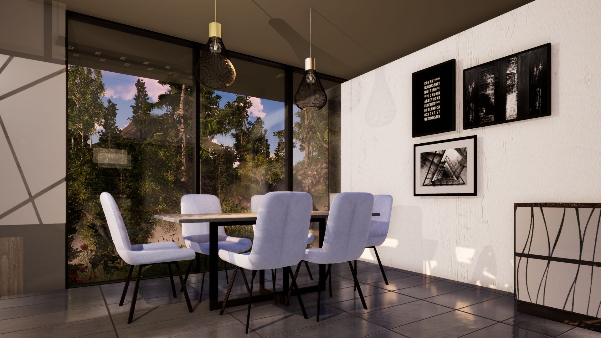 Jasna jadalnia z widokiem na zieleń przez panoramiczne okna, oświetlona dwoma wiszącymi lampami z ażurowymi kloszami, minimalistyczne czarne obrazy na ścianie, sześć krzeseł w kolorze lila otacza...