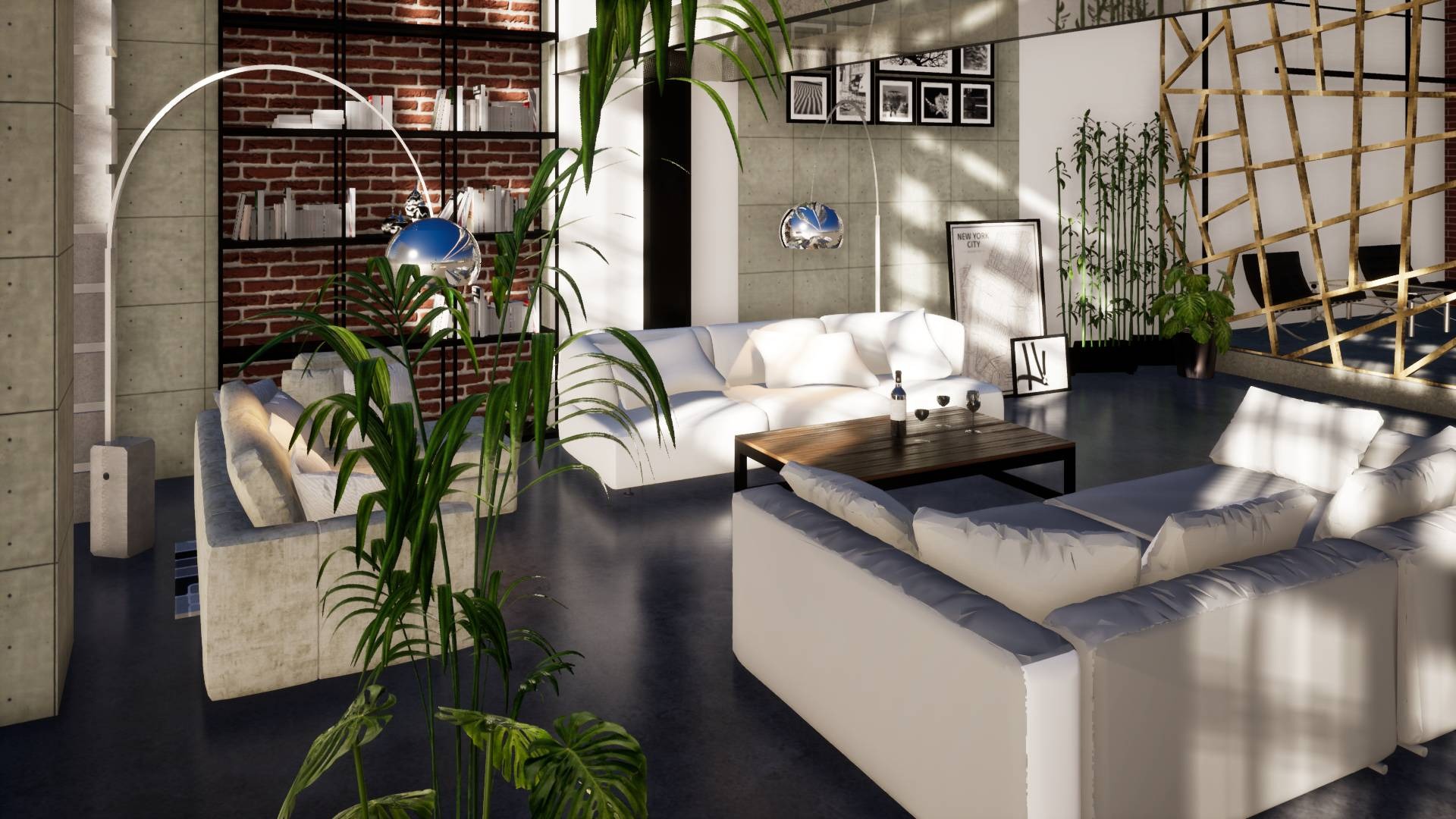 Nowoczesny salon z ceglaną ścianą, białymi sofami, drewnianym stolikiem kawowym z butelką wina i kieliszkami, oświetlony lampą łukową i wiszącą lampą kulistą, z roślinami w donicach.