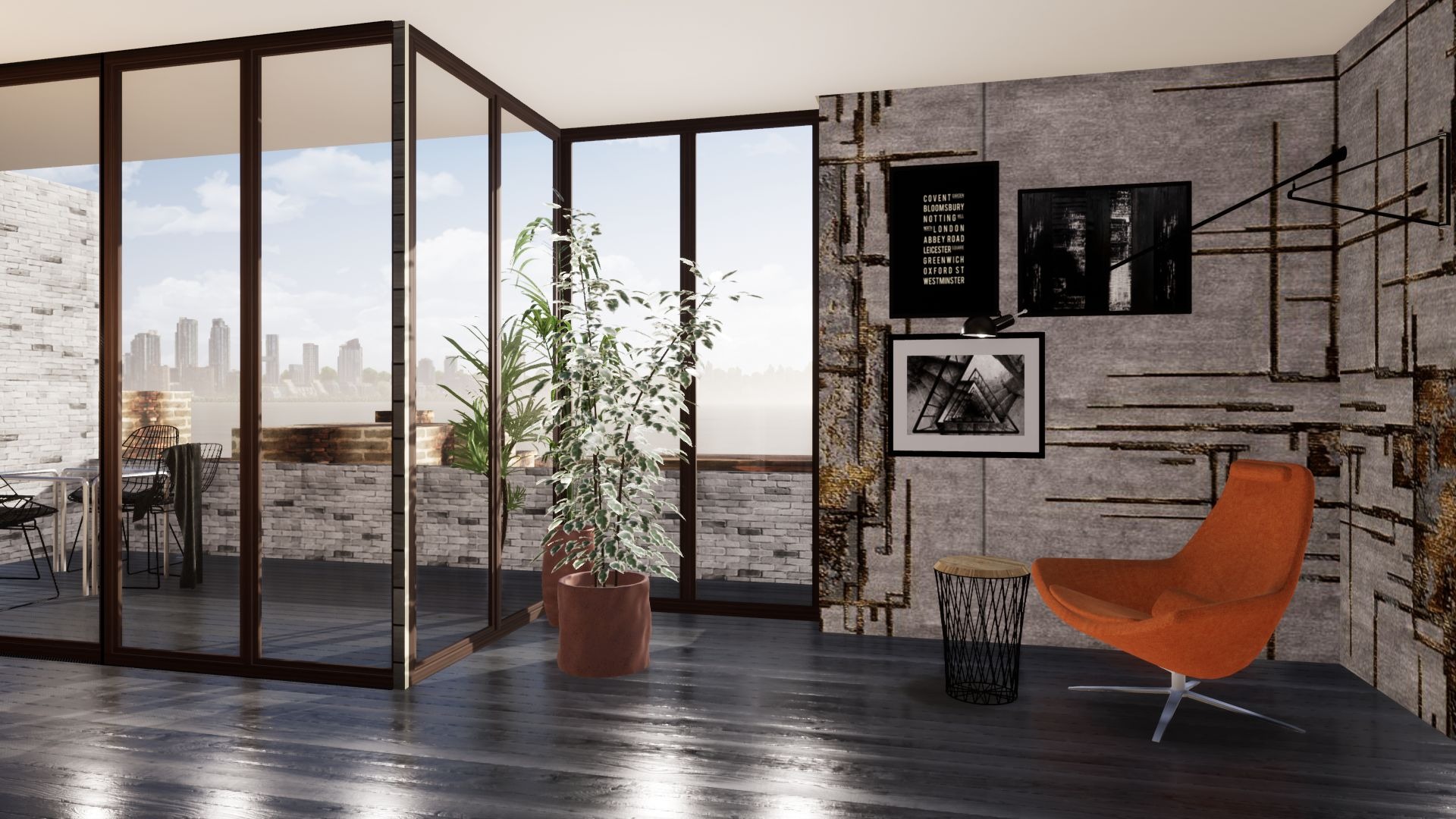 Wnętrze z panoramicznym widokiem na miasto, szarymi ścianami z geometrycznym wzorem, pomarańczowym fotelem, roślinami doniczkowymi i stolikiem pomocniczym